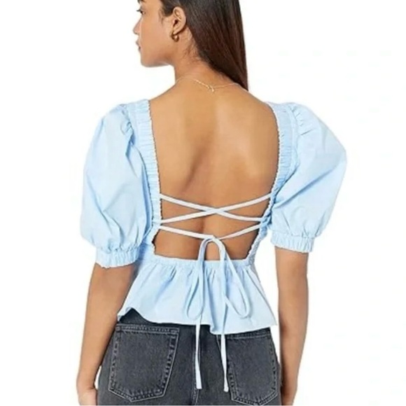 NWT Bardot Lace Up Peplum Puff Sleeve Blue Top Size 8 - Picture 2 of 3